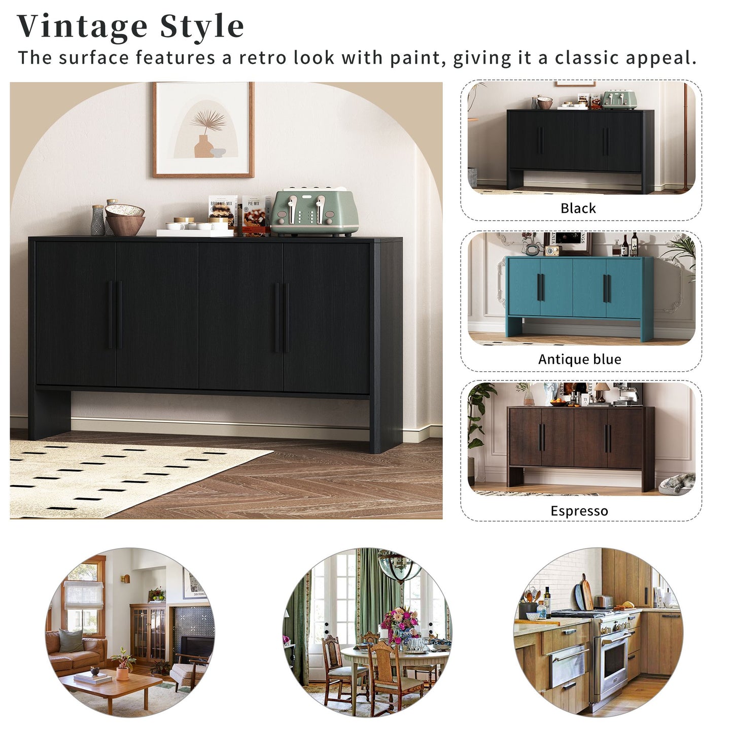 TREXM 4-Door Large Storage Retro Sideboard with Adjustable Shelves and Long Handles for Kitchen, Dining Room and Living Room (Black)