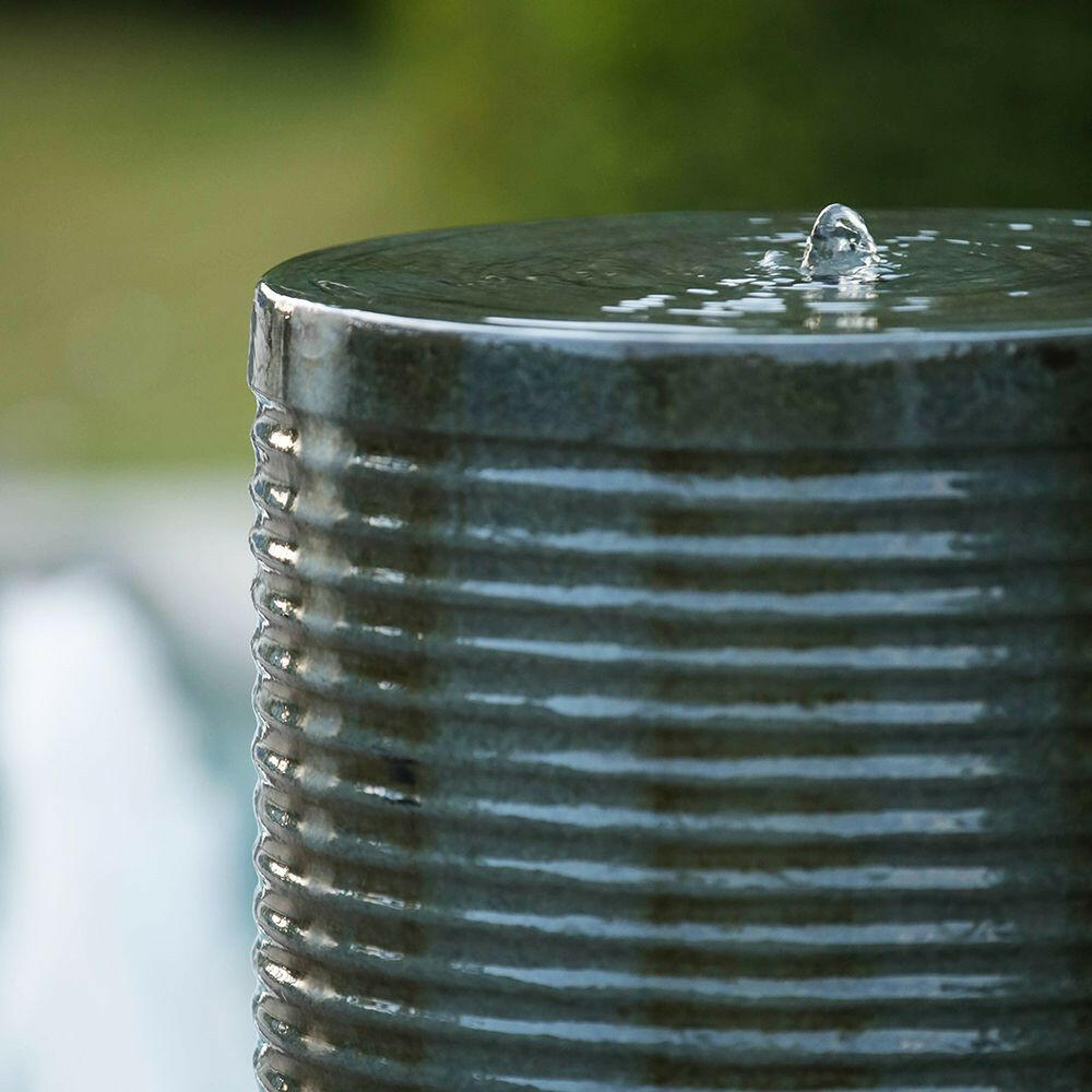 19.5x19.5x43.5" Large Concrete Cylinder Green & Brown Ribbed Water Fountain, Outdoor Bird Feeder / Bath Fountain, Modern Industrial Style.