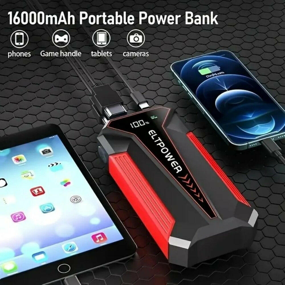 20000mAh Car Battery Jump Starter with Dual USB Quick Charge and LED Light Red.