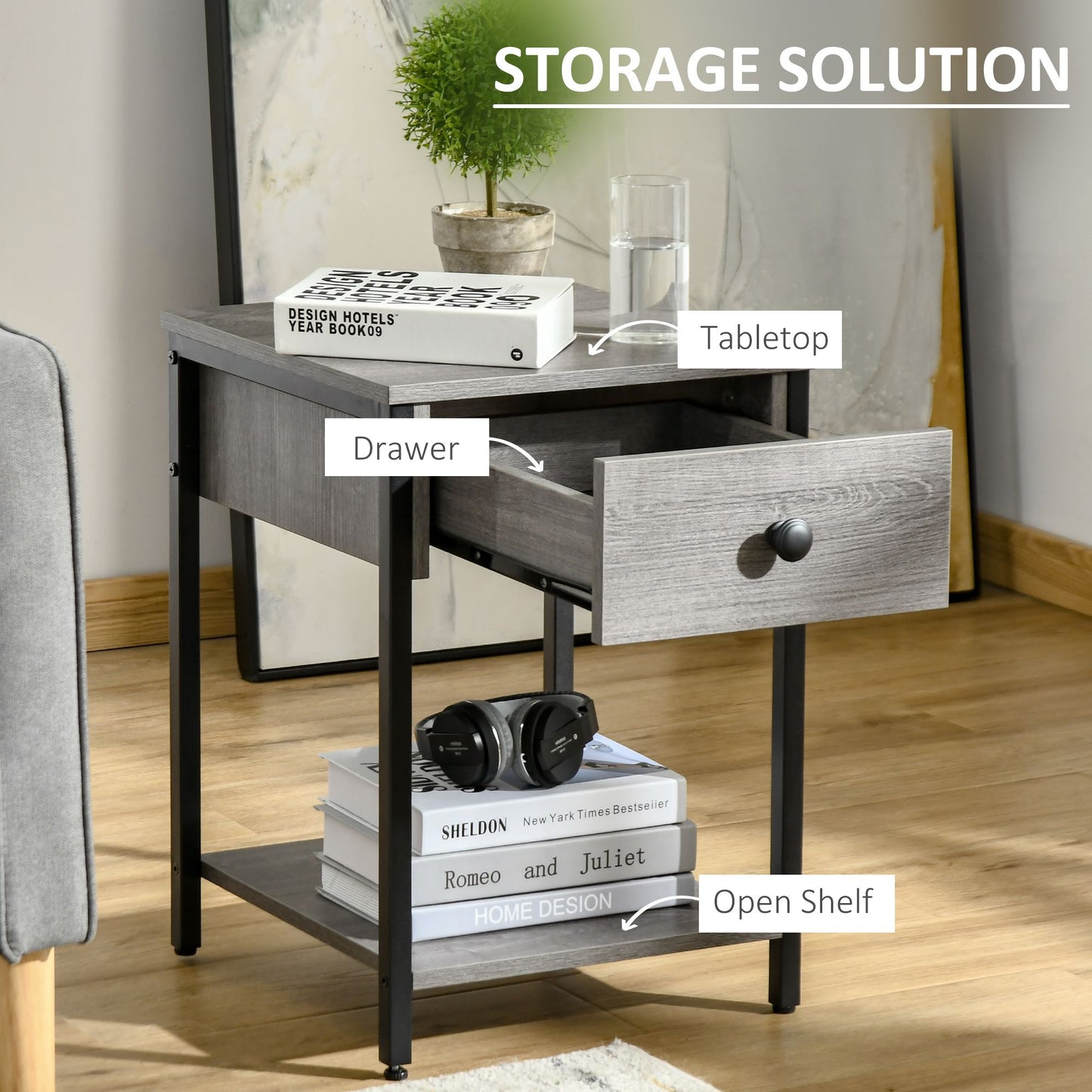 Industrial End Table with Storage Shelf, Accent Side Table with Drawer, Grey