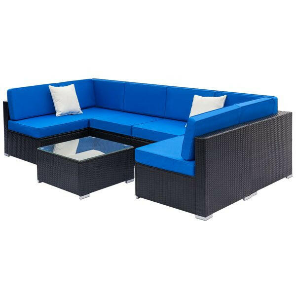 Fully Equipped Weaving Rattan Sofa Set with 2pcs Middle Sofas & 4pcs Single Sofas & 1 pc Coffee Table Black Embossed - Woven Rattan.