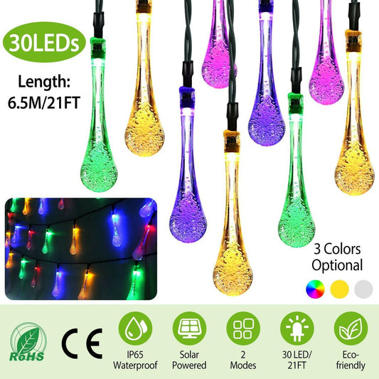 Outdoor Solar String Lights 21 Feet 30 LEDs Water Drop Solar Powered Lights.