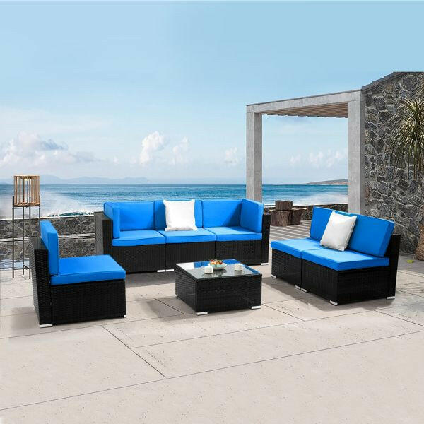 Fully Equipped Weaving Rattan Sofa Set with 2pcs Middle Sofas & 4pcs Single Sofas & 1 pc Coffee Table Black Embossed - Woven Rattan.