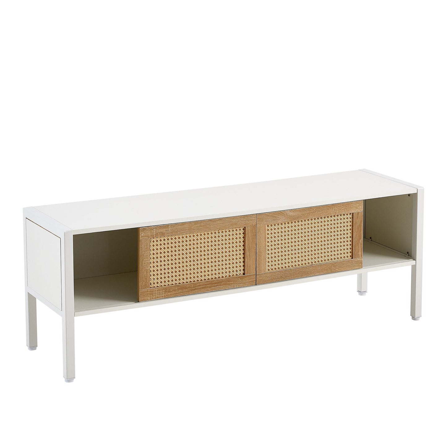 54.33" Rattan TV cabinet with variable color light strip, double sliding doors for storage, adjustable shelf,white