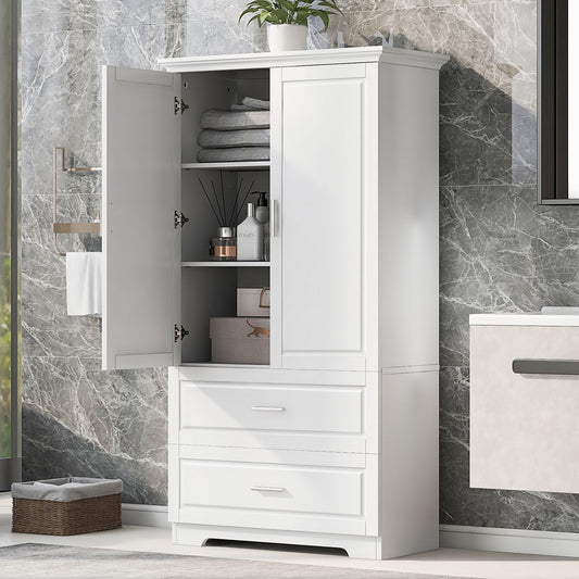 Tall Bathroom Storage Cabinet, Cabinet with Two Doors and Drawers, Adjustable Shelf, MDF Board, White