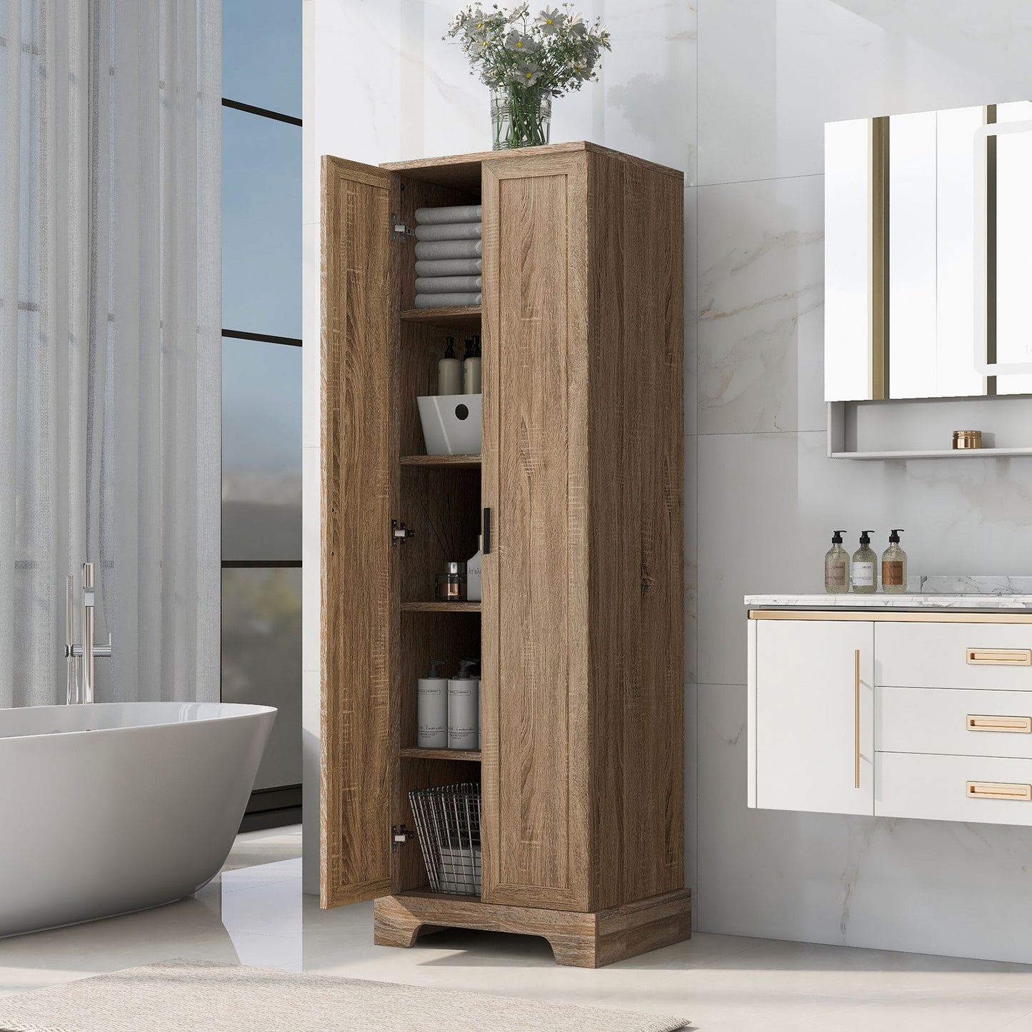 Storage Cabinet with Two Doors for Bathroom, Office, Adjustable Shelf, MDF Board, Brown