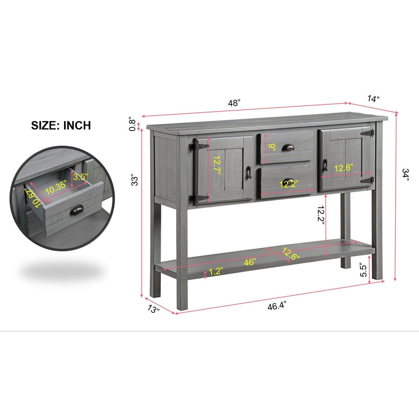 48'' Solid Wood Sideboard Console Table with Retro Style Buffet Server for Dining Room(Antique Gray)