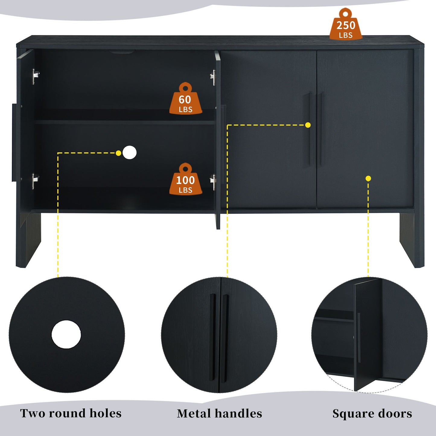 TREXM 4-Door Large Storage Retro Sideboard with Adjustable Shelves and Long Handles for Kitchen, Dining Room and Living Room (Black)