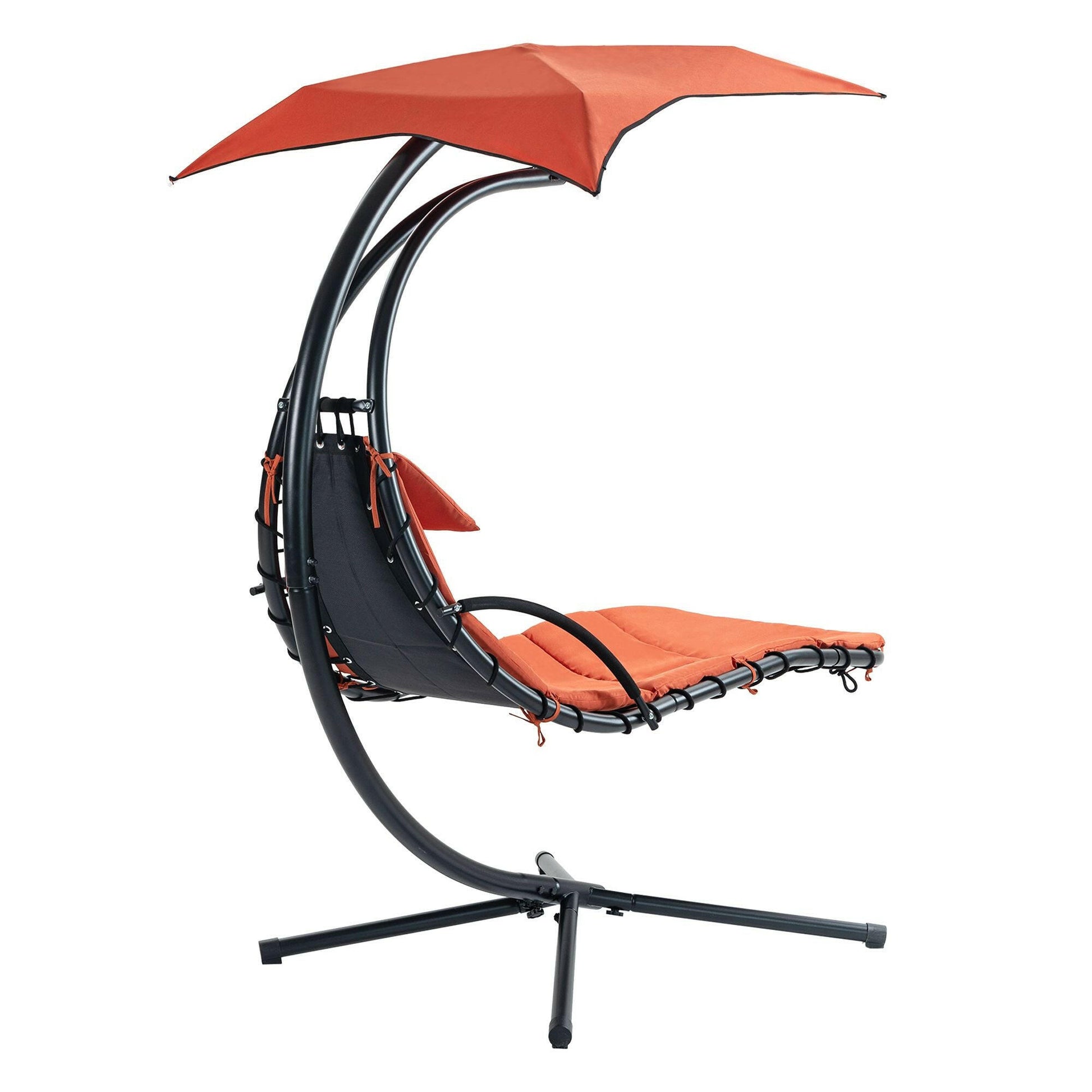 Hanging Chaise Lounger with Removable Canopy, Outdoor Swing Chair with Built-in Pillow, Hanging Curved Chaise Lounge Chair Swing for Patio Porch Poolside, Hammock Chair with Stand (Orange).