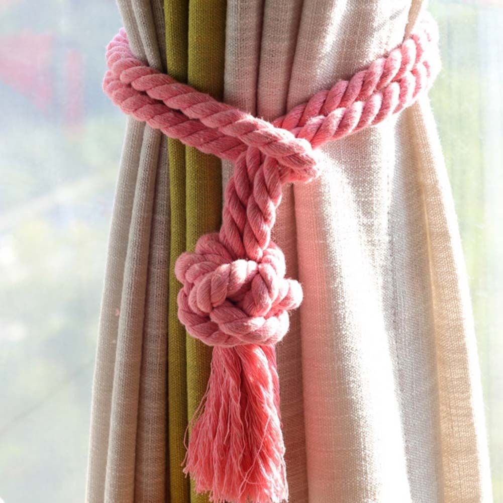 2Pcs Handmade Cotton Rope Curtain Holder Tie Backs Tassel Drapes Ball Tiebacks for Window Sheer Blackout Panels, Pink