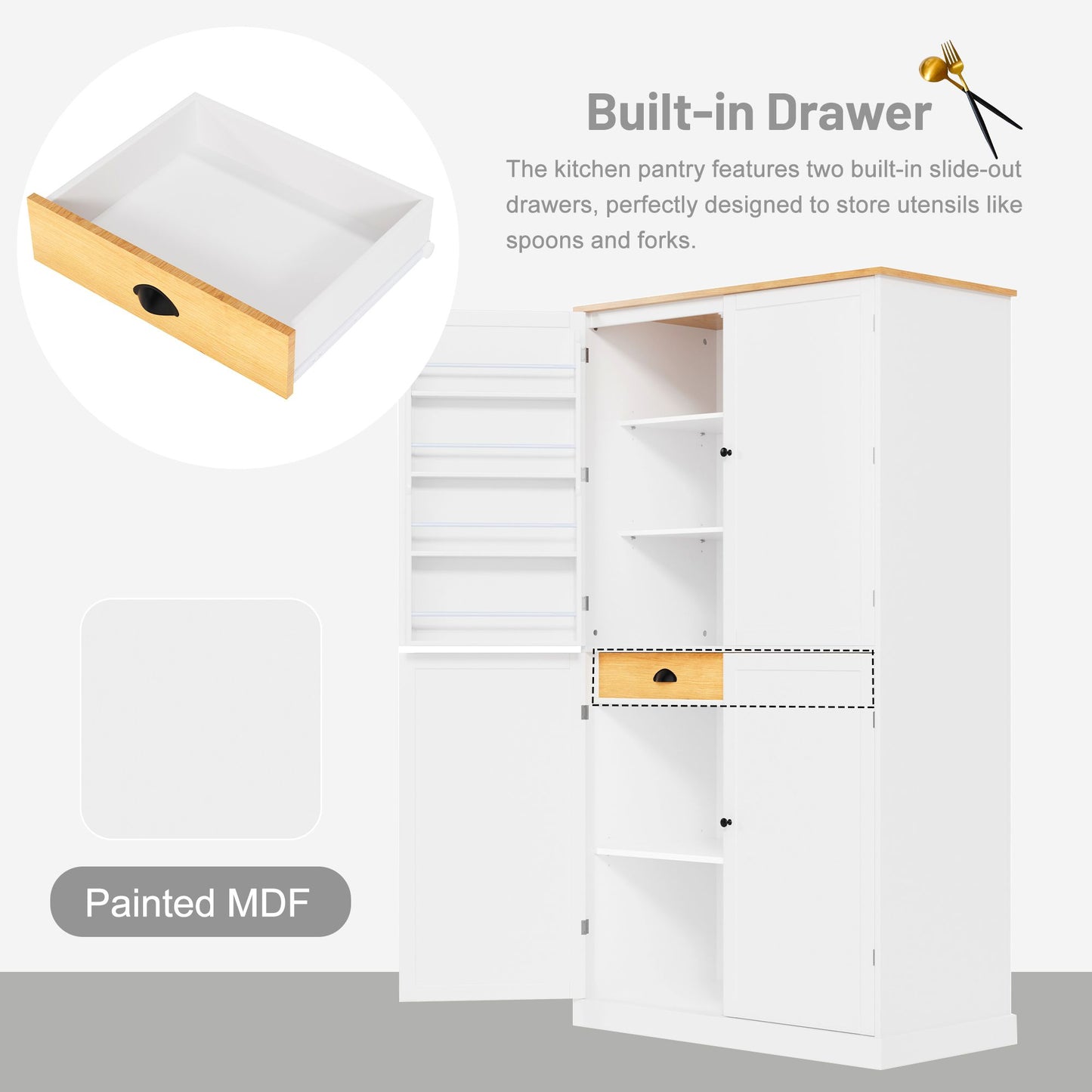 TOPMAX 40.2x20x71.3inch High Freestanding Kitchen Pantry Large Storage Cabinet with 2 Drawers, 8 Door Shelves for Kitchen, Dining Room,White