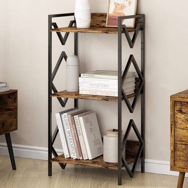 3 Tier Bookshelf For Small Space, Small Metal Bookshelf For Books, Organizers And Storage, Rustic Bookshelf, Table