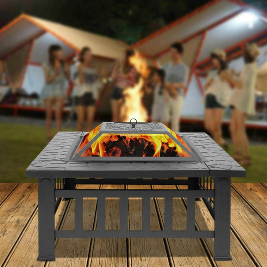 Portable Courtyard Metal Fire Pit with Accessories Black.