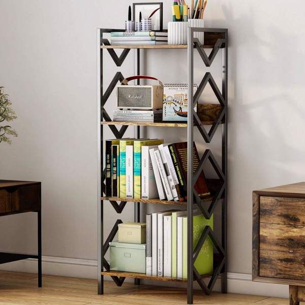 4 Tier Bookshelf For Small Space, Small Metal Bookshelf For Books, Organizers And Storage, Rustic Bookshelf, Table