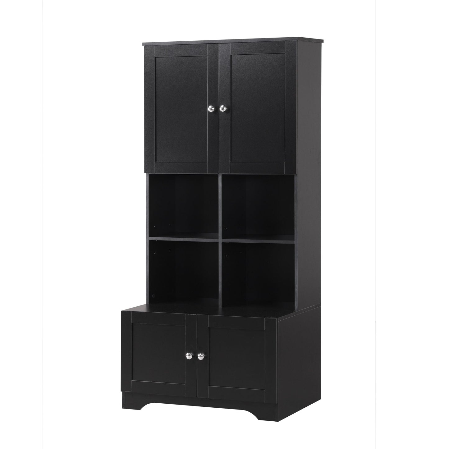 Bathroom Freestanding Cabinet with 4 Doors, Open multi-layer Shelves, Black