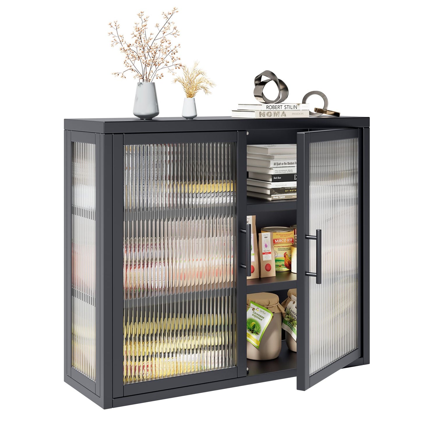 Retro Style Haze Double Glass Door Wall Cabinet With Detachable Shelves for Office, Dining Room,Living Room, Kitchen and Bathroom Black