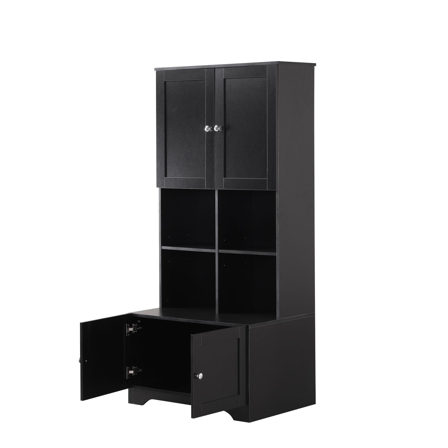 Bathroom Freestanding Cabinet with 4 Doors, Open multi-layer Shelves, Black