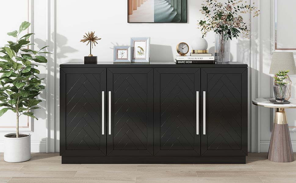 TREXM Sideboard 4 Doors Storage Buffet Cabinet with Adjustable Shelves and Silver Handles, Black