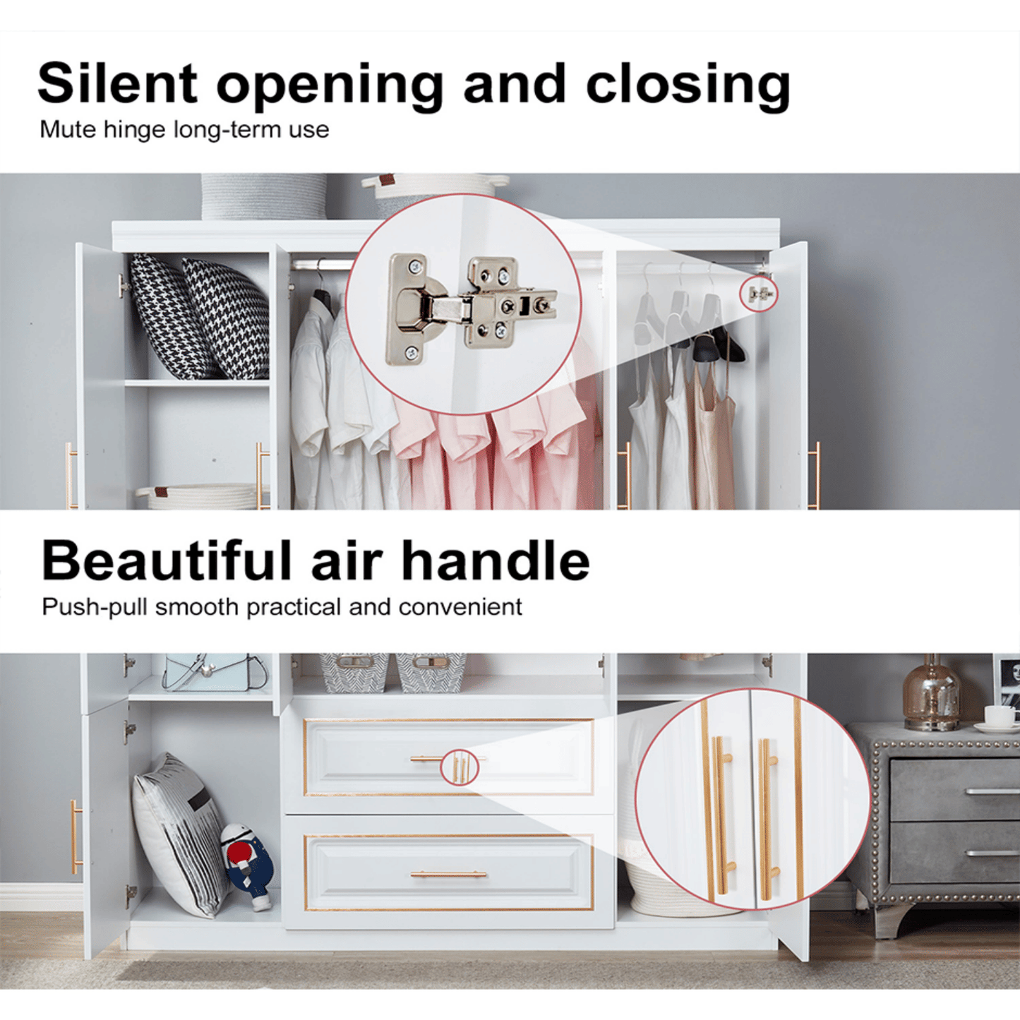 Armoire Wardrobe Closet, 4-Door 2 Wooden Drawers Tall Cabinet Luxury Style Closet Wardrobe, White Closet Cabinet with 2 Shelves Hanging Rod