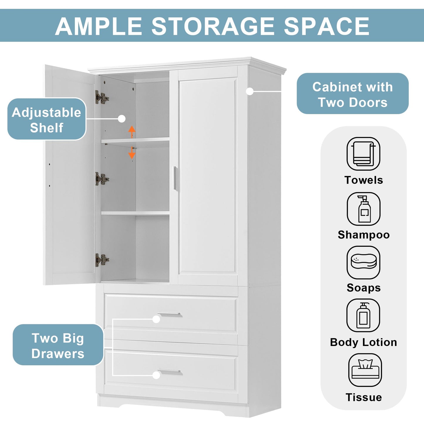 Tall Bathroom Storage Cabinet, Cabinet with Two Doors and Drawers, Adjustable Shelf, MDF Board, White