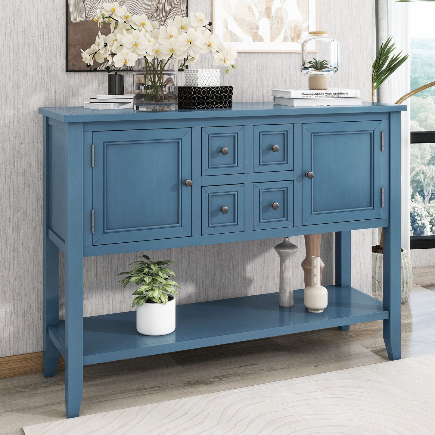 TREXM Cambridge Series Ample Storage Vintage Console Table with Four Small Drawers and Bottom Shelf for Living Rooms, Entrances and Kitchens (Light Navy, OLD SKU: WF190263AAH)