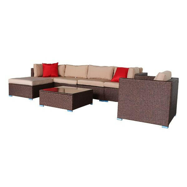 7 Pieces Wood Grain Patio PE Wicker Rattan Corner Sofa Set.