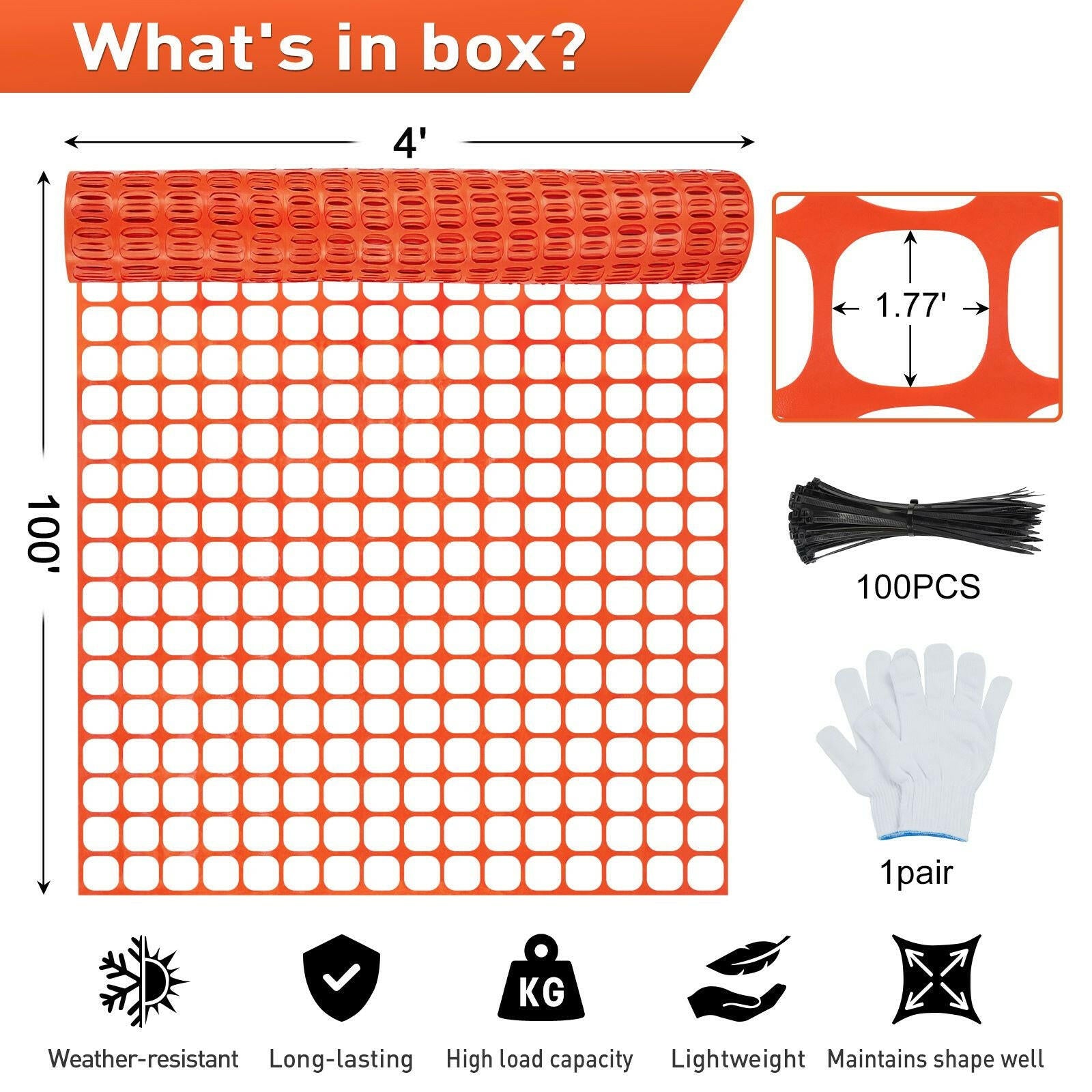 Safety Fence 4'x100' with 100 Zip Ties, Plastic Mesh Fencing Roll, Temporary Reusable Netting for Snow Fence, Garden, Construction and Animal Barrier.