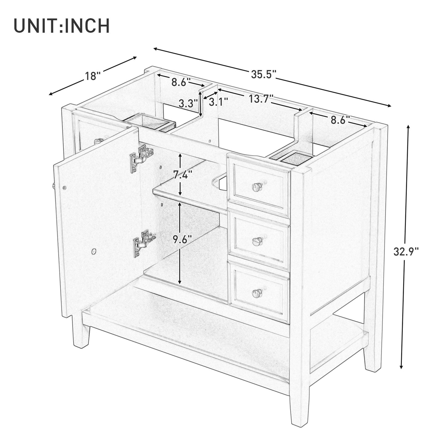 36" Bathroom Vanity without Sink, Cabinet Base Only, One Cabinet and three Drawers