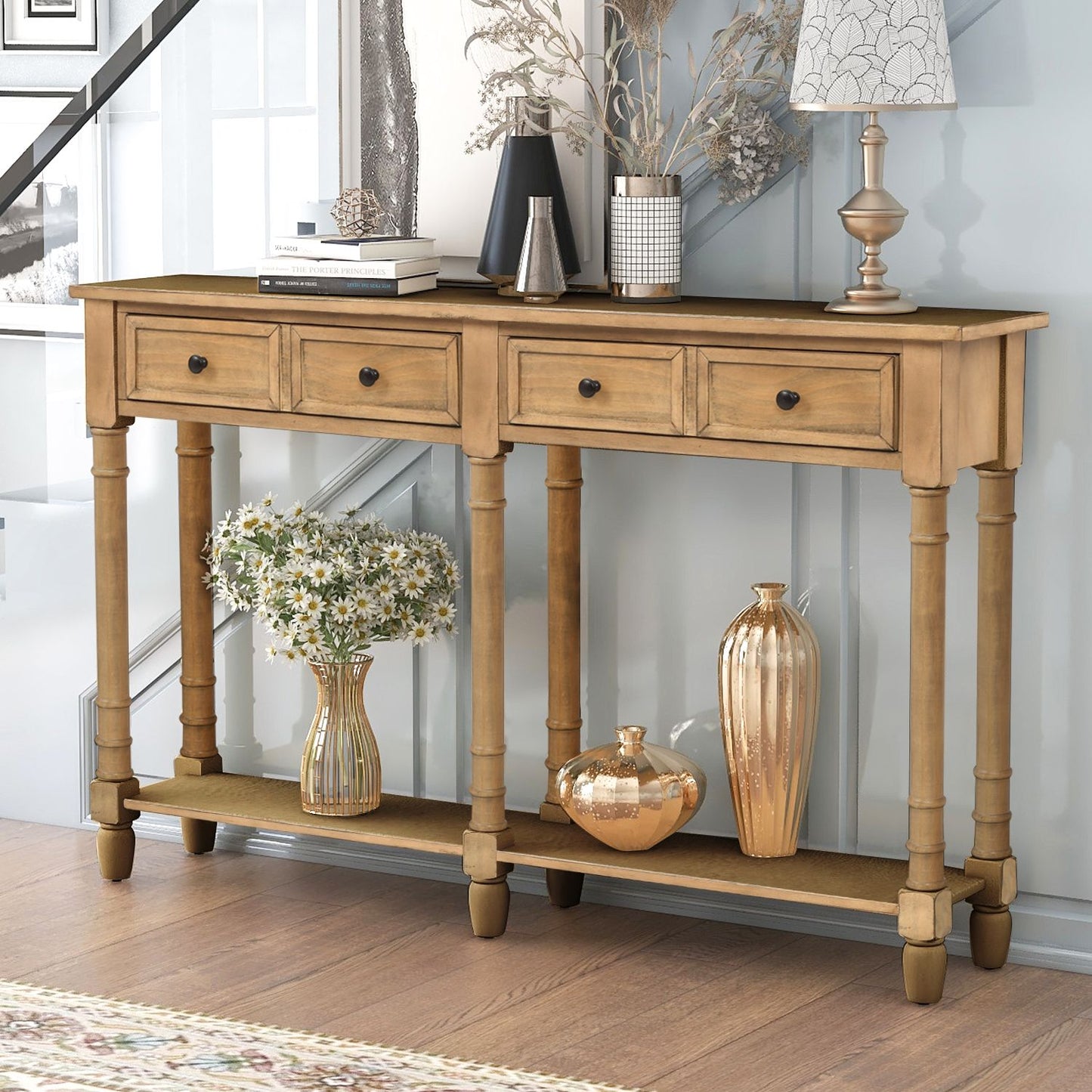 TREXM Console Table Sofa Table Easy Assembly with Two Storage Drawers and Bottom Shelf for Living Room, Entryway (Old Pine)