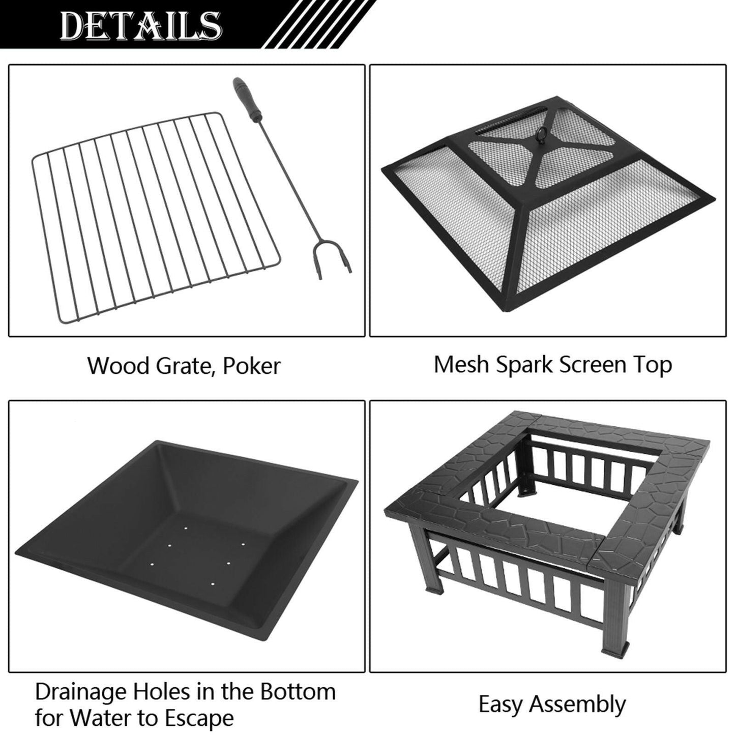 Portable Courtyard Metal Fire Pit with Accessories Black.