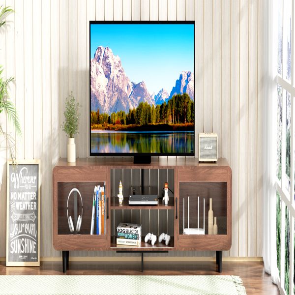 TV Stand for 55/60/65/70", Wood Entertainment Center with Power Outlets, Media Console with Sliding Doors and Open Shelf for Living Room, Walnut