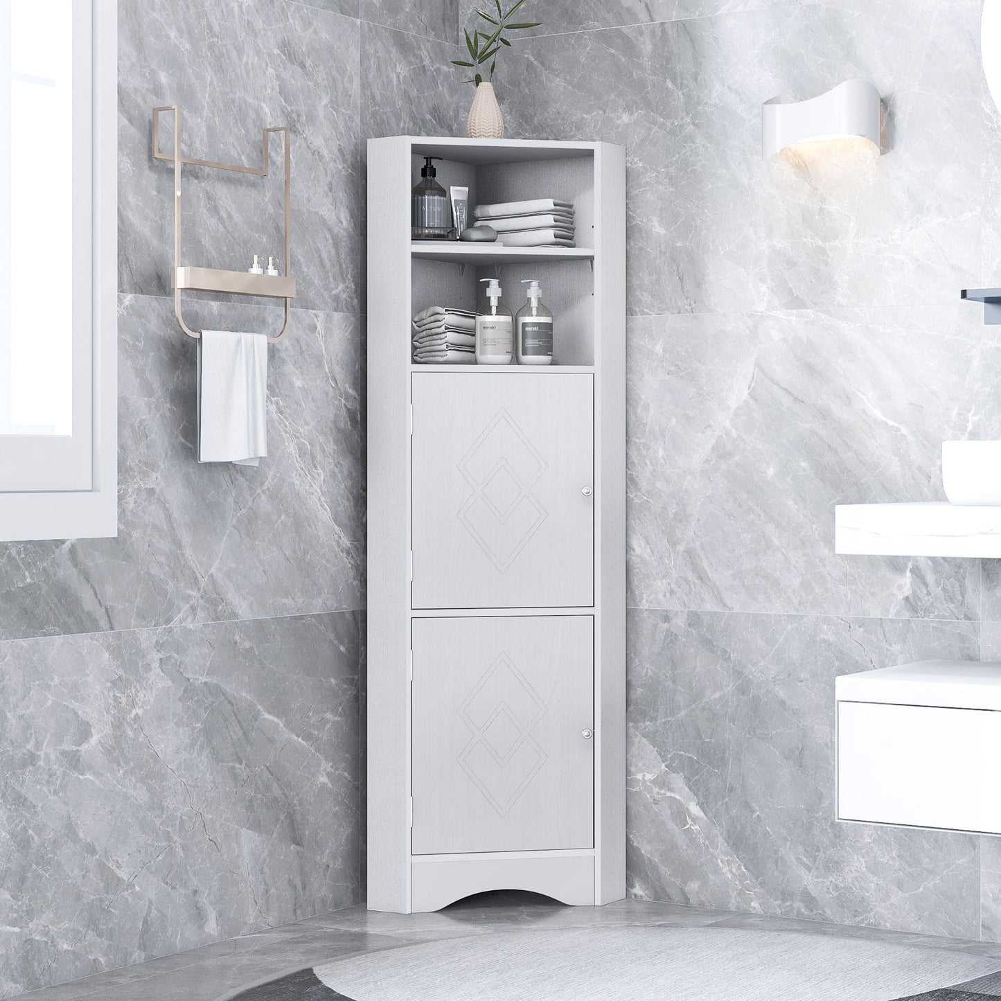 Tall Bathroom Corner Cabinet;  Freestanding Storage Cabinet with Doors and Adjustable Shelves;  MDF Board