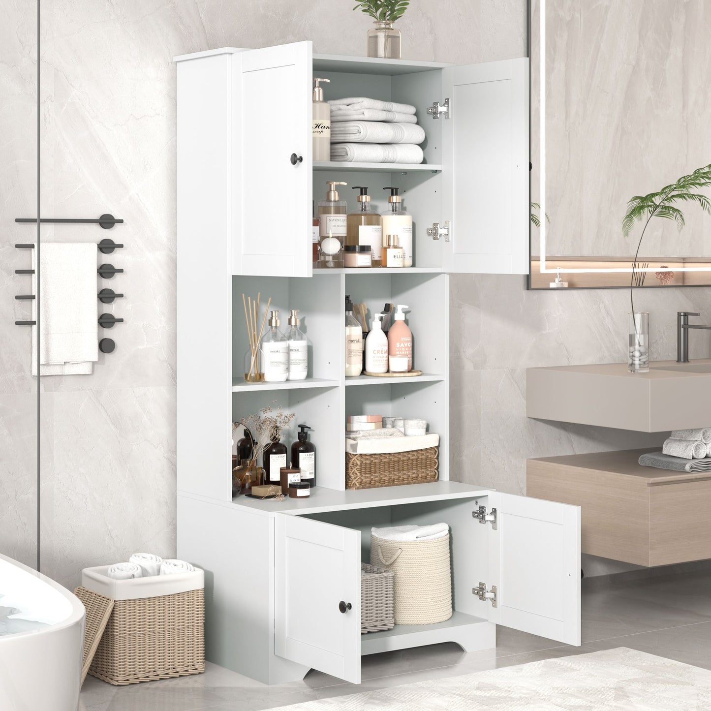 Bathroom Floor Storage Cabinet, Bathroom Storage Unit, Freestanding Cabinet with 4 Doors, Adjustable Shelves, Open multi-layer Shelves, White