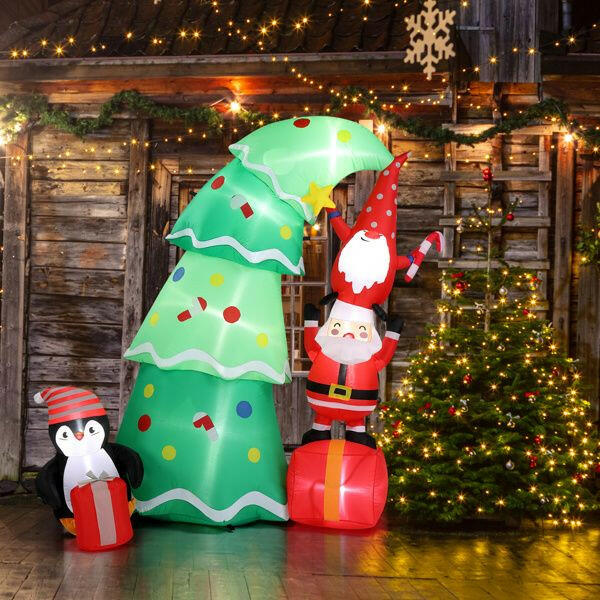 6 FT Lighted Christmas Inflatable Decoration, Inflatable Christmas Tree with Elf and Santa Claus, Funny Blow Up Yard Decorations with Built-in LED Lights for Holiday Party Front Yard Lawn Garden Decor.