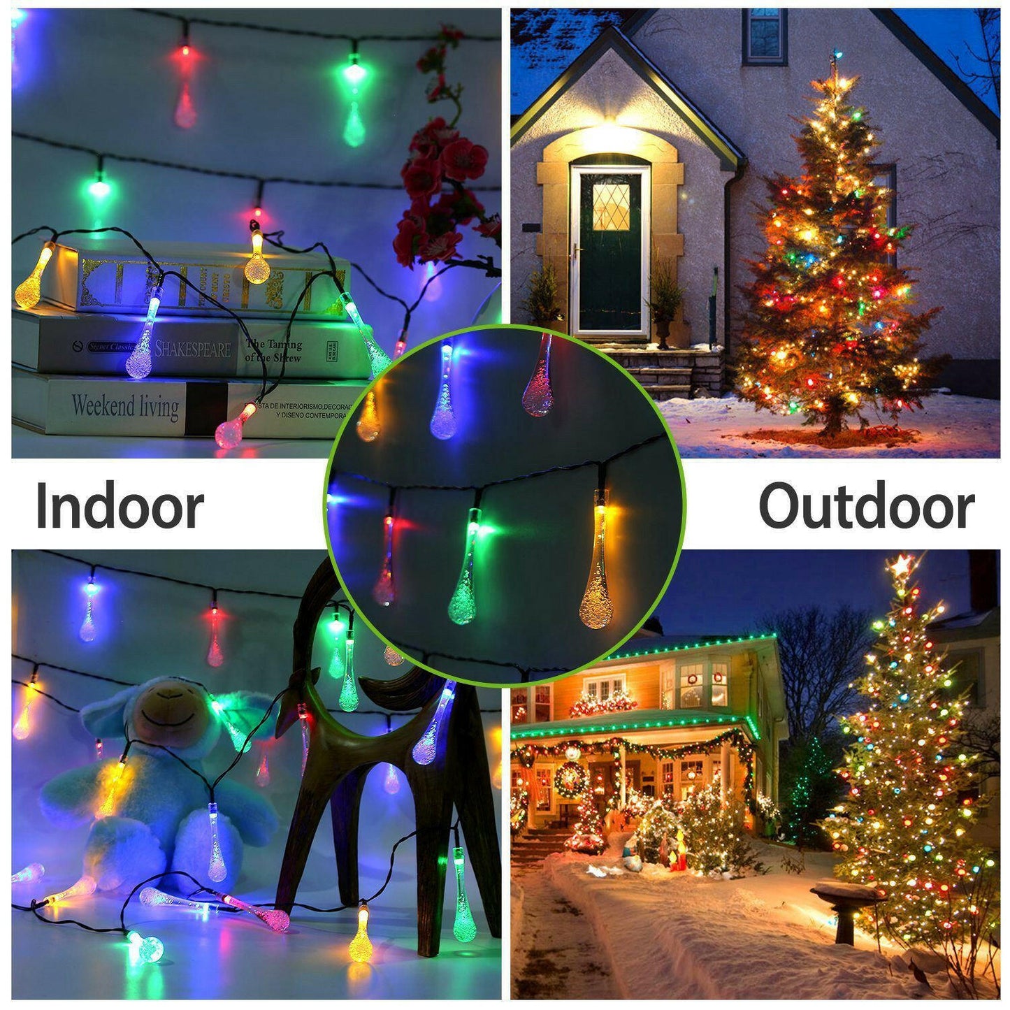 Outdoor Solar String Lights 21 Feet 30 LEDs Water Drop Solar Powered Lights.