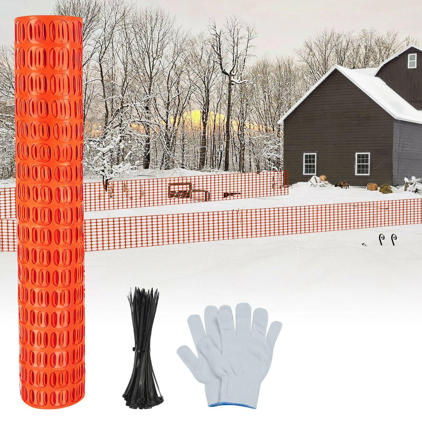 Safety Fence 4'x100' with 100 Zip Ties, Plastic Mesh Fencing Roll, Temporary Reusable Netting for Snow Fence, Garden, Construction and Animal Barrier.