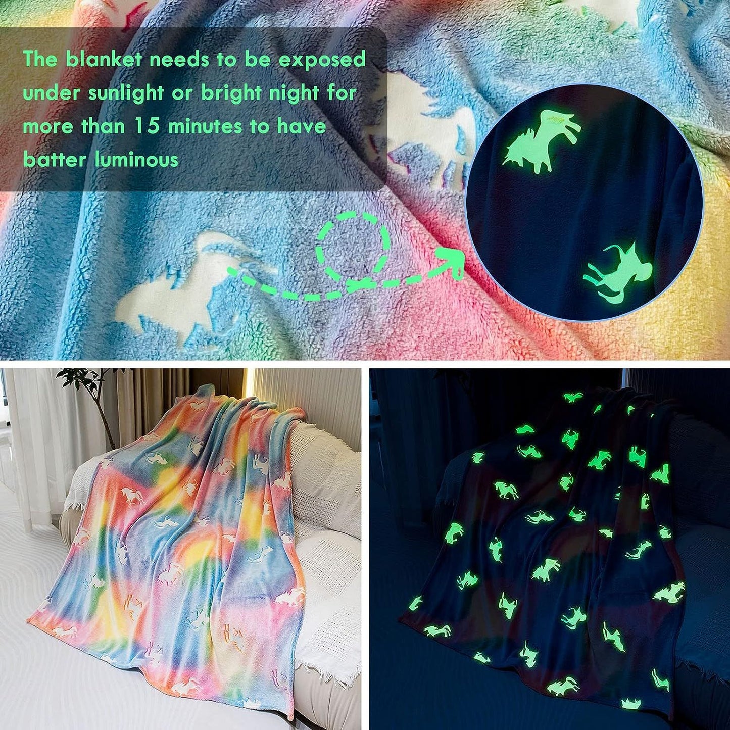 Glow in the Dark Throw Blanket Unicorn - Luminous Kids Blanket (50" x 60")