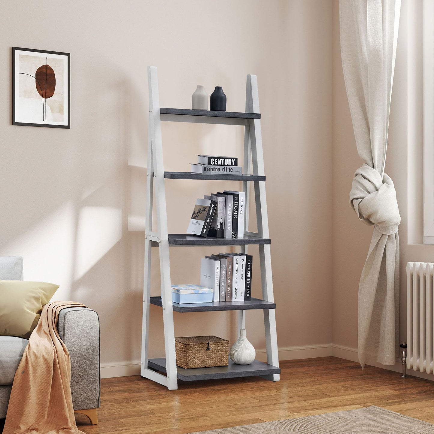 5-Tier Shelves,Bookshelf, Storage Rack, Bookcase with Rubber Wood Frame, Ladder Shelf for Living Room, Home Office, Kitchen, Bedroom, Apartment