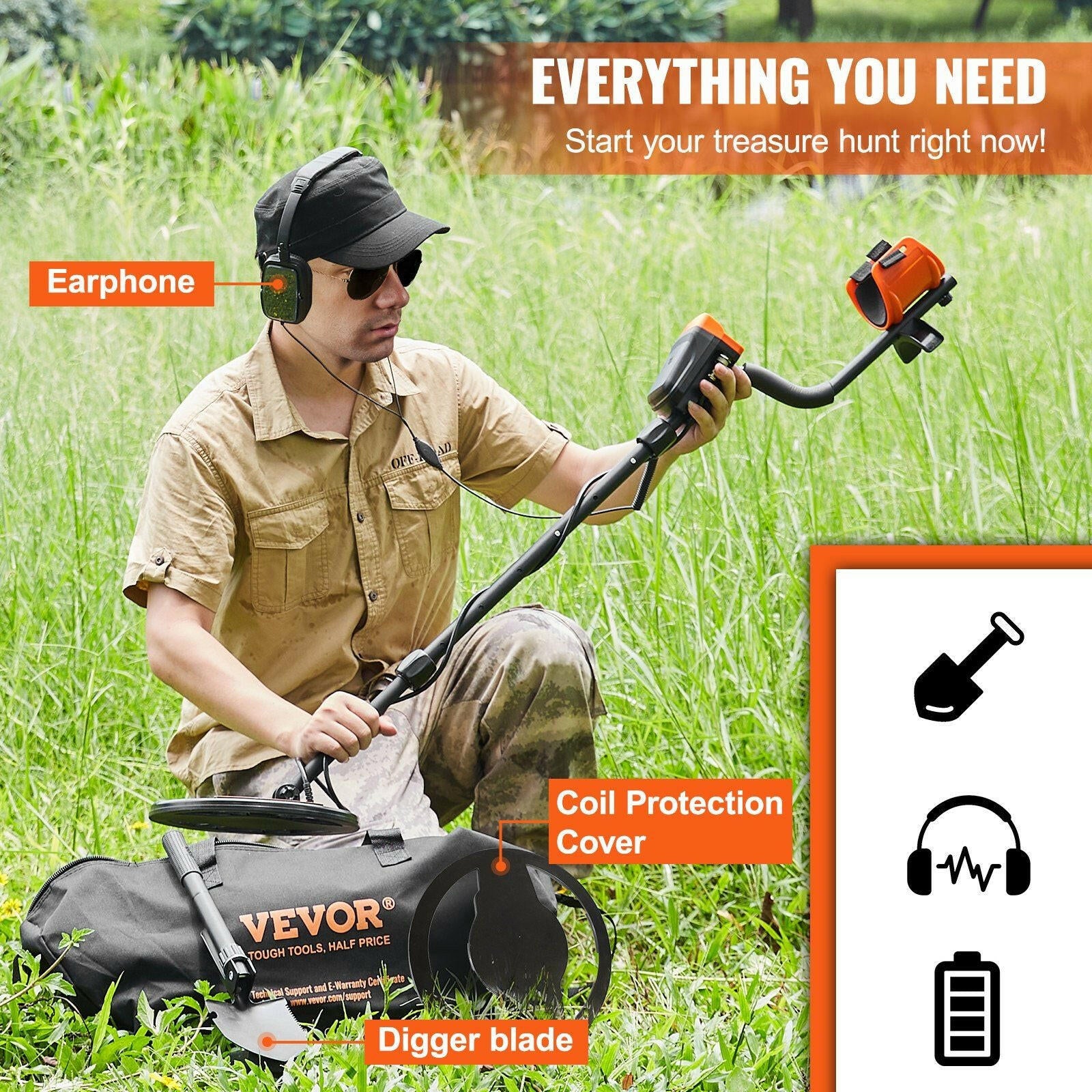 VEVOR Metal Detector for Adults & Kids, 10 Inch Waterproof Search Coil with LCD Display 7 Modes, Adjustable 41''-52'' Aluminum Stem, DSP Chip Higher Accuracy Gold Detector 10'' Detection Depth.