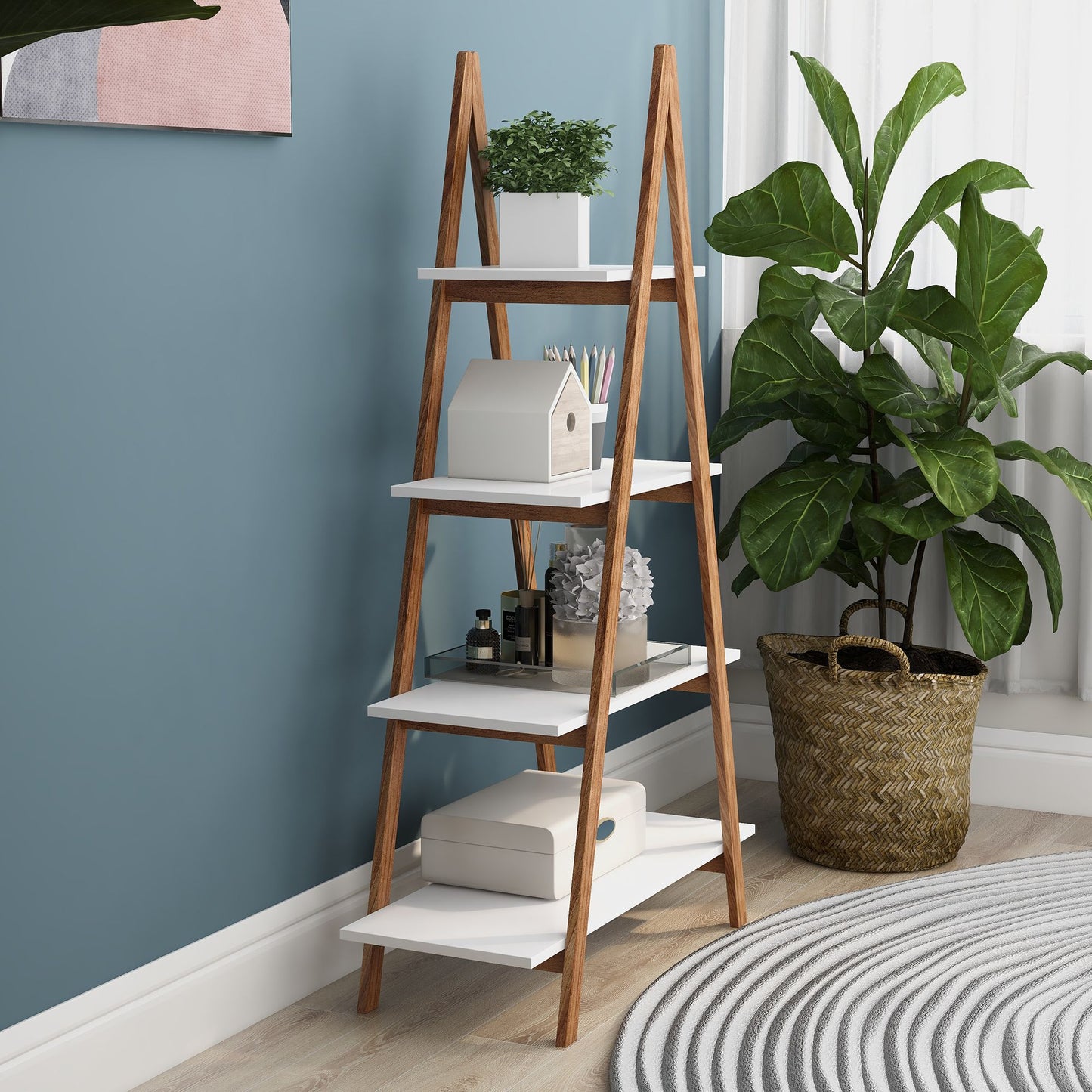 Solid bamboo wood oxford "A" frame ladder display bookshelf