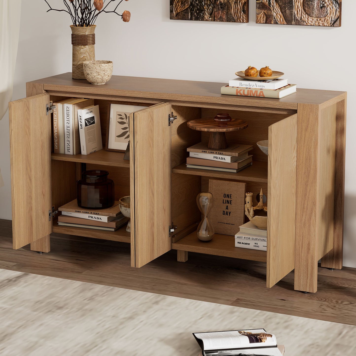 Retro 4-door Sideboard with Distressed Finish and Adjustable Shelves for Dining Room,Kitchen,and Living Room