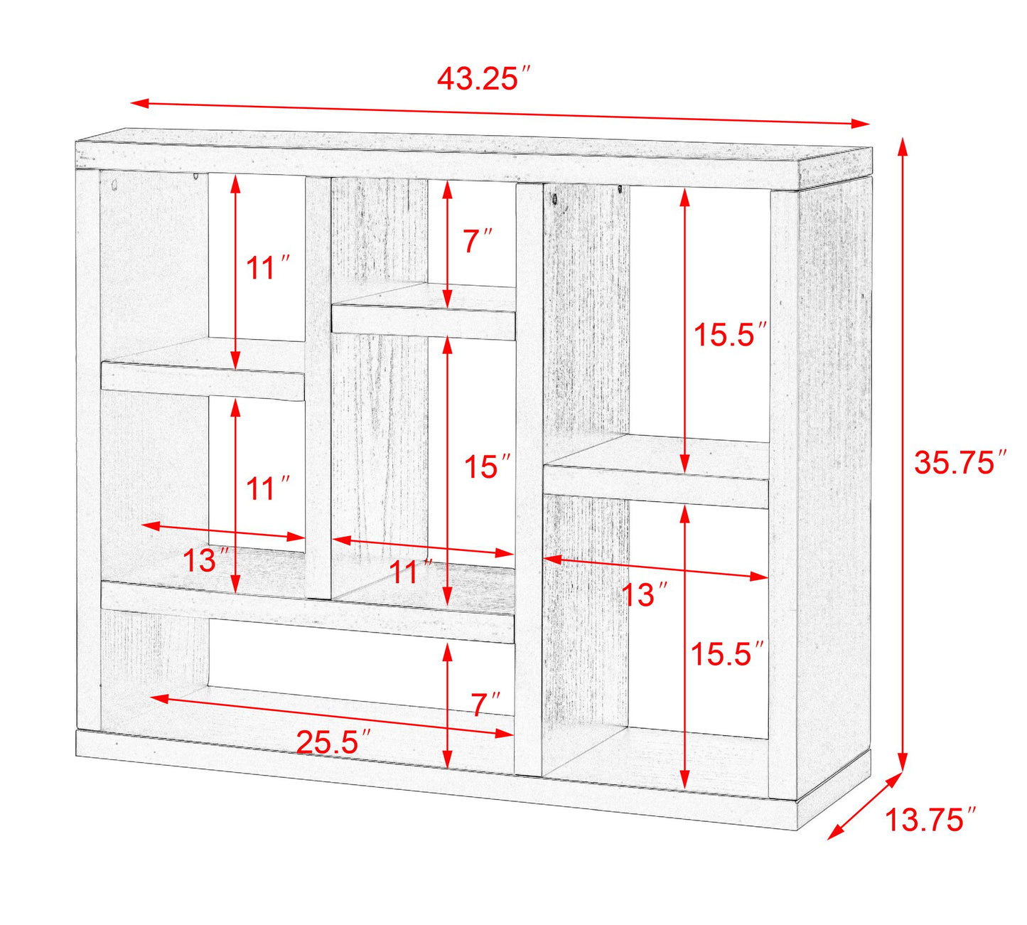 Open Wooden Open Shelf Bookcase, Freestanding Display Storage Cabinet with 7 Cube Storage Spaces, Floor Standing Bookshelf, Entryway, Living Room Storage Cabinet