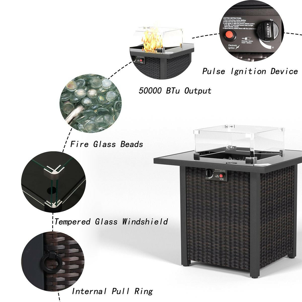 28 Inch Propane Fire Pit Table, Rattan & Wicker-Look, 50000 BTU Gas Firepits Tempered Glass Tabletop with Glass Windscreen Protector for Outside Patio and Garden(Brown).