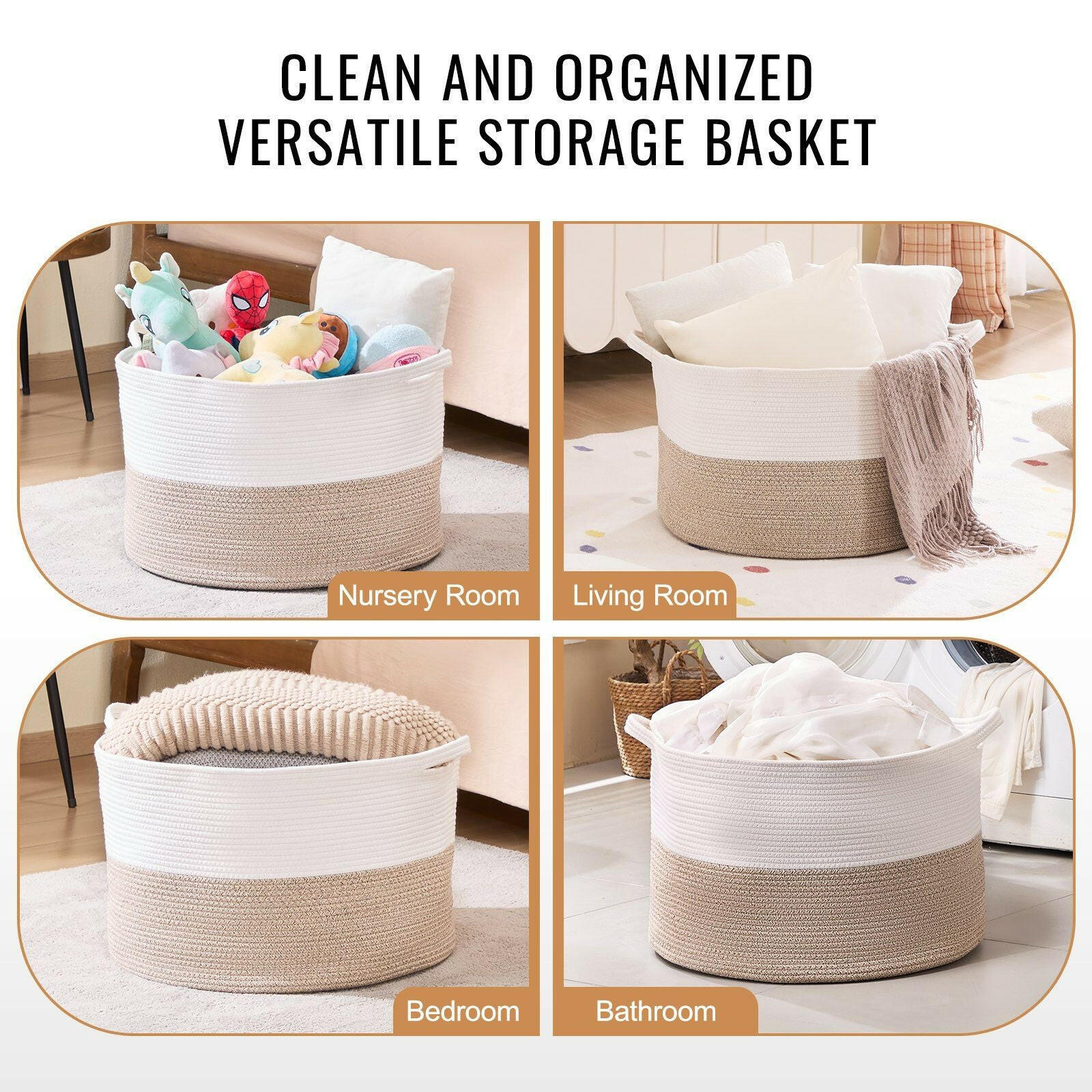 VEVOR Cotton Rope Storage Basket 87L Woven Blanket Basket 22 x 22 x 14 in.