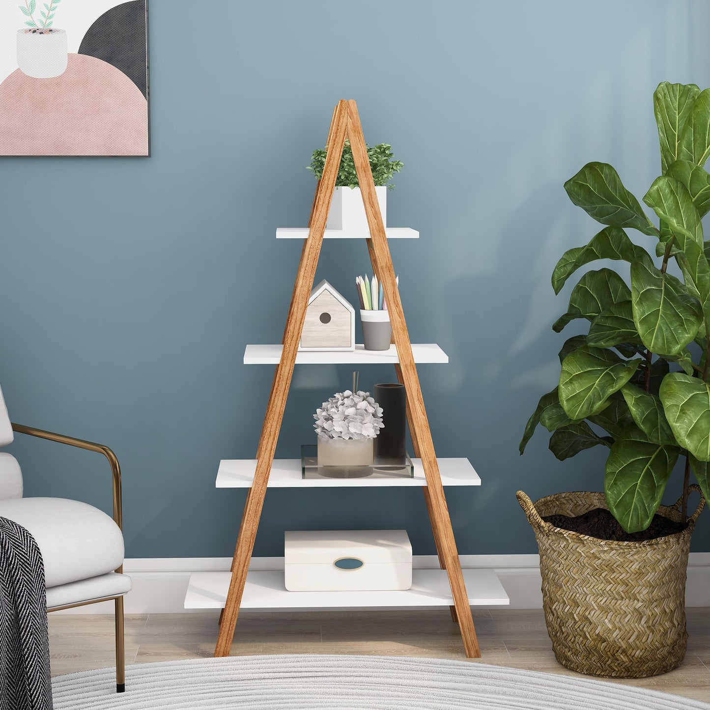 Solid bamboo wood oxford "A" frame ladder display bookshelf