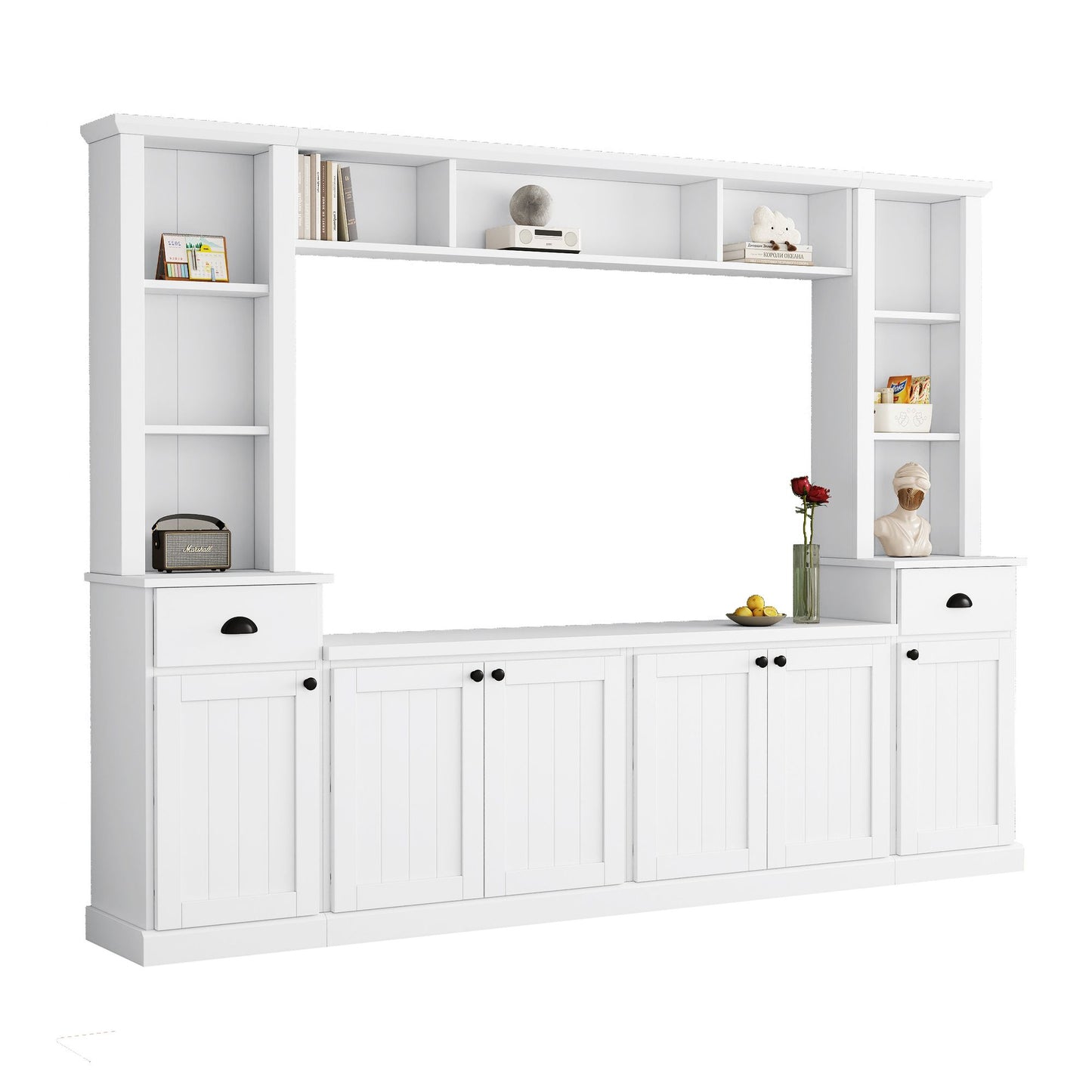 ON-TREND Minimalist Entertainment Wall Unit Set with Bridge for TVs Up to 75'', Modernist Large Media Console for Living Room, White