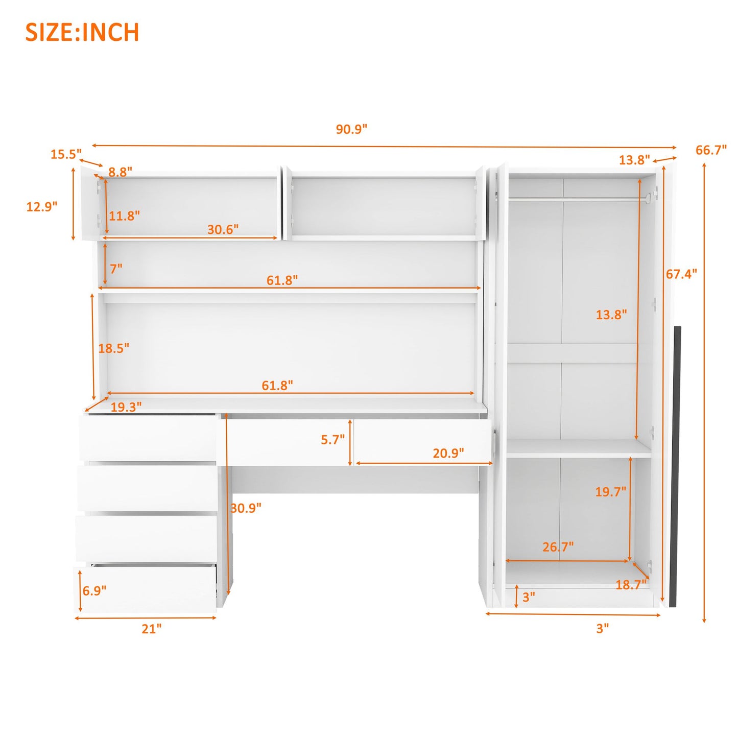 2 Door Wooden Storage Desk Wardrobe with Shelves and Drawers, White