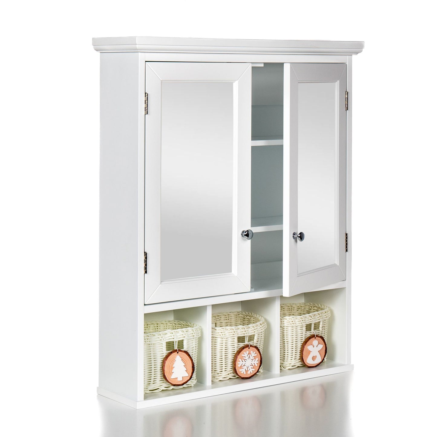 Bathroom Storage Cabinet with Mirror, 2 Doors 2 Adjustable Shelf + 3 Christmas Style Storage Basket, White Wood