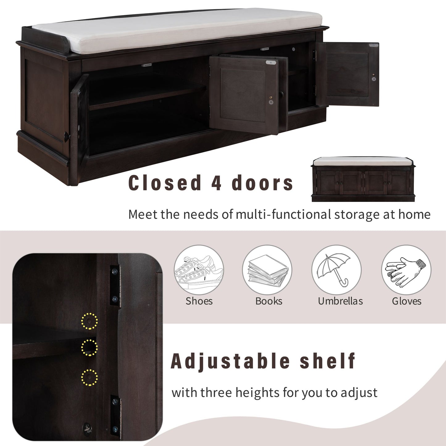 Storage Bench with 4 Doors and Adjustable Shelves,Shoe Bench with Removable Cushion for Living Room,Entryway