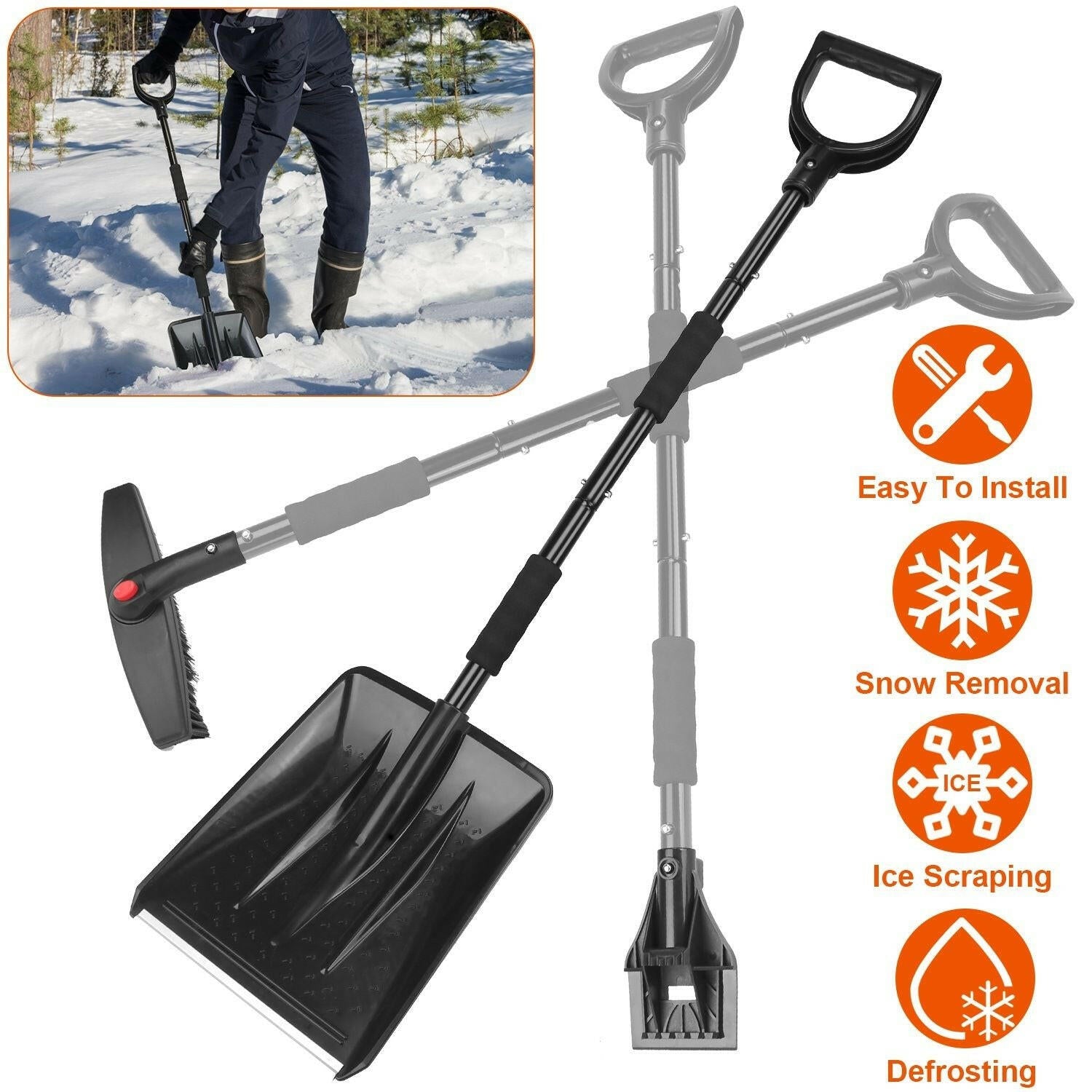 45.7 in. Metal Handle Steel 3-In-1 Snow Shovel Kit Brush Ice Scraper Collapsible Design Snow Removal.